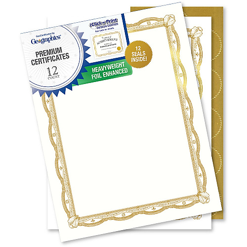 FranklinCovey Geographics Premium Certificates with Gold Seals 65 lb Basis Weight - 11" Width - Inkjet Compatible - Gold, Assorted, Multicolor with Gold Border - Card Stock, Foil - 12 / Pack (48766)