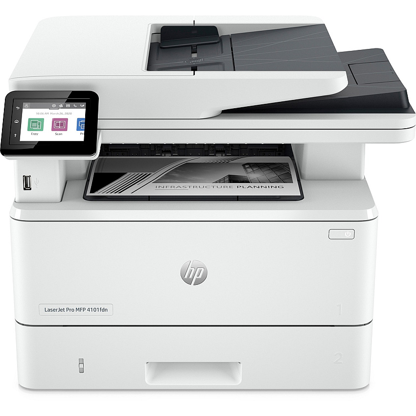 HP LaserJet Pro 4101fdwe Wireless Laser Multifunction Printer - Monochrome - White Copier/Fax/Printer/Scanner - 4800 x 600 dpi Print - Automatic Duplex Print - Up to 80000 Pages Monthly - Color Flatbed Scanner - 1200 dpi Optical Scan - Monochrome (2Z619E)