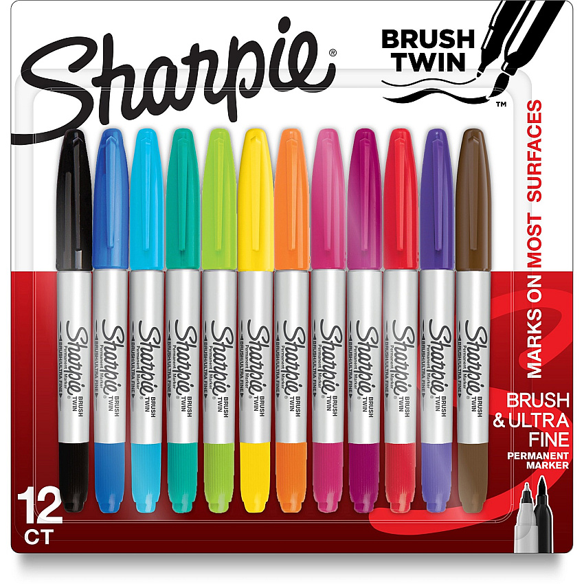 Sanford Brush Twin Permanent Markers Ultra Fine Brush Marker Point - Assorted Ink - 12 / Pack (2168237)
