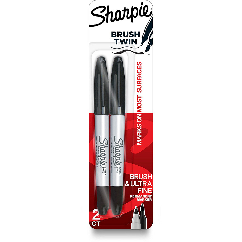 Sharpie Brush Twin Permanent Markers Ultra Fine Brush Marker Point - Black Ink - 2 / Pack (2152698)