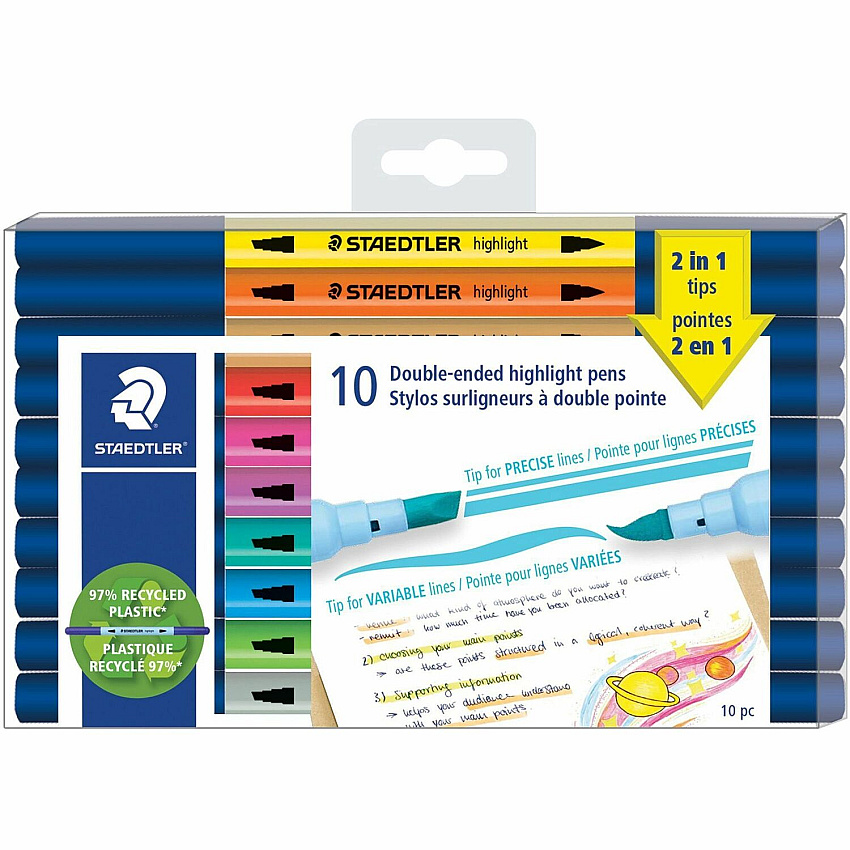 Staedtler Double-ended Highlighter Pens Chisel, Brush Marker Point - Assorted Ink - Water Based - 10 / Pack (3620TB10LU)