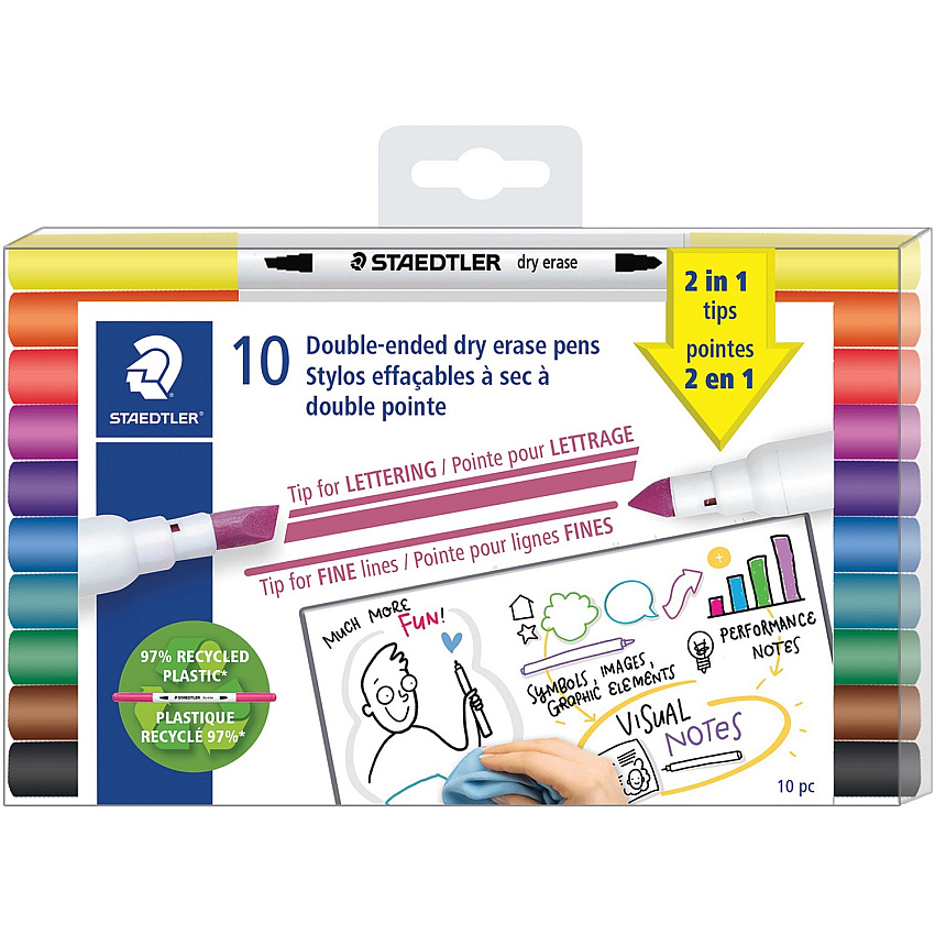 Staedtler Double-ended Dry Erase Pens Chisel, Bullet Marker Point - Assorted Ink - Dry - 10 Each (3010TB10A6)