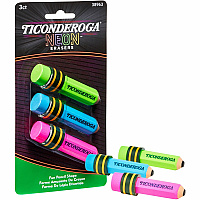 Ticonderoga Pencil-Shaped Erasers Neon Assorted - Assorted Barrel - Pencil - 3 / Pack - Latex-free, Non-toxic, Smudge-free (X38963)
