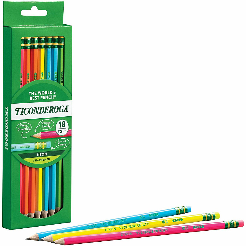 Ticonderoga Neon Pre-Sharpened No. 2 Pencils Black, Assorted Neon Lead - #2 - Broad Point - Neon Barrel - 18 / Box (X13018)
