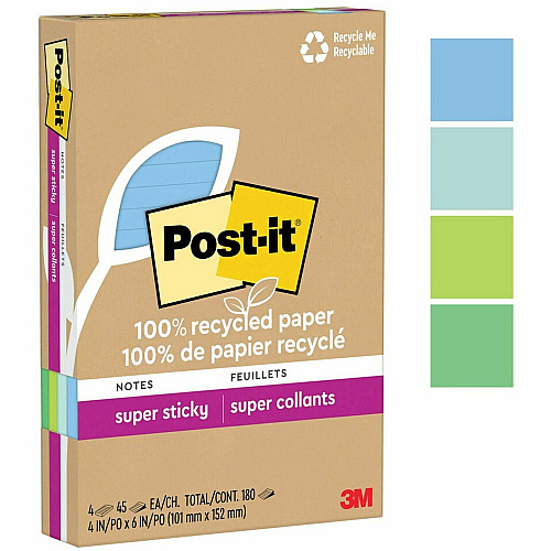 Post-it&reg; Super Sticky Adhesive Note 180 - 4" Flag/Note Width x 6" Flag/Note Length - 45 Sheets per Pad - Assorted Oasis - Removable, Repositionable, Recyclable - Recycled - 4 / Pack (4621R4SST)