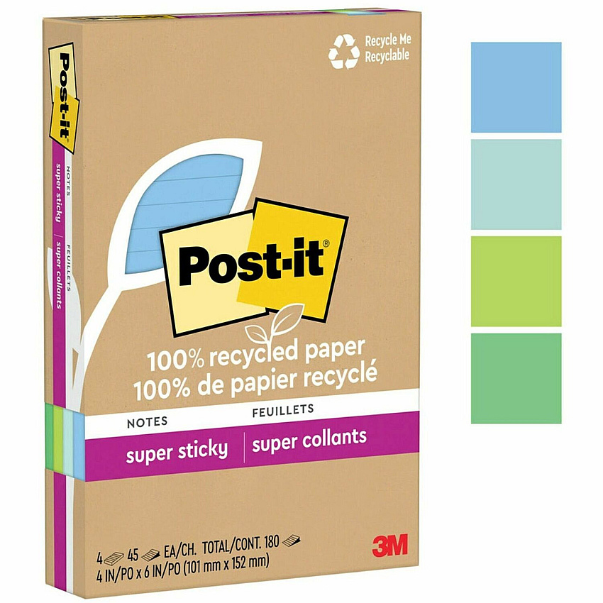 Post-it&reg; Super Sticky Adhesive Note 180 - 4" Flag/Note Width x 6" Flag/Note Length - 45 Sheets per Pad - Assorted Oasis - Removable, Repositionable, Recyclable - Recycled - 4 / Pack (4621R4SST)