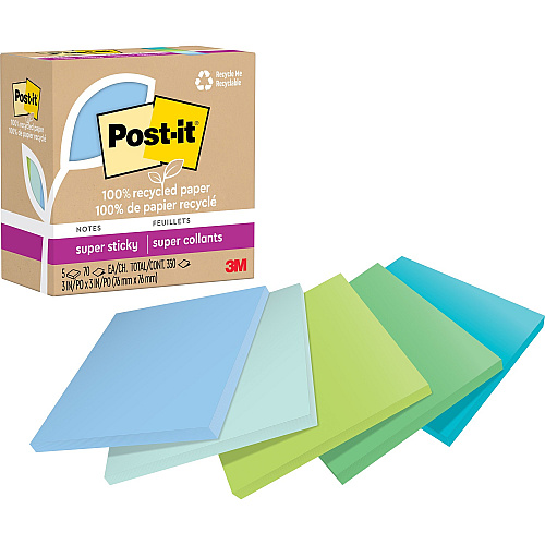 Post-it&reg; Super Sticky Adhesive Note 350 - 3" Flag/Note Width x 3" Flag/Note Length - Square - 70 Sheets per Pad - Assorted Oasis - Removable, Repositionable, Recyclable - Recycled - 5 / Pack (654R5SST)