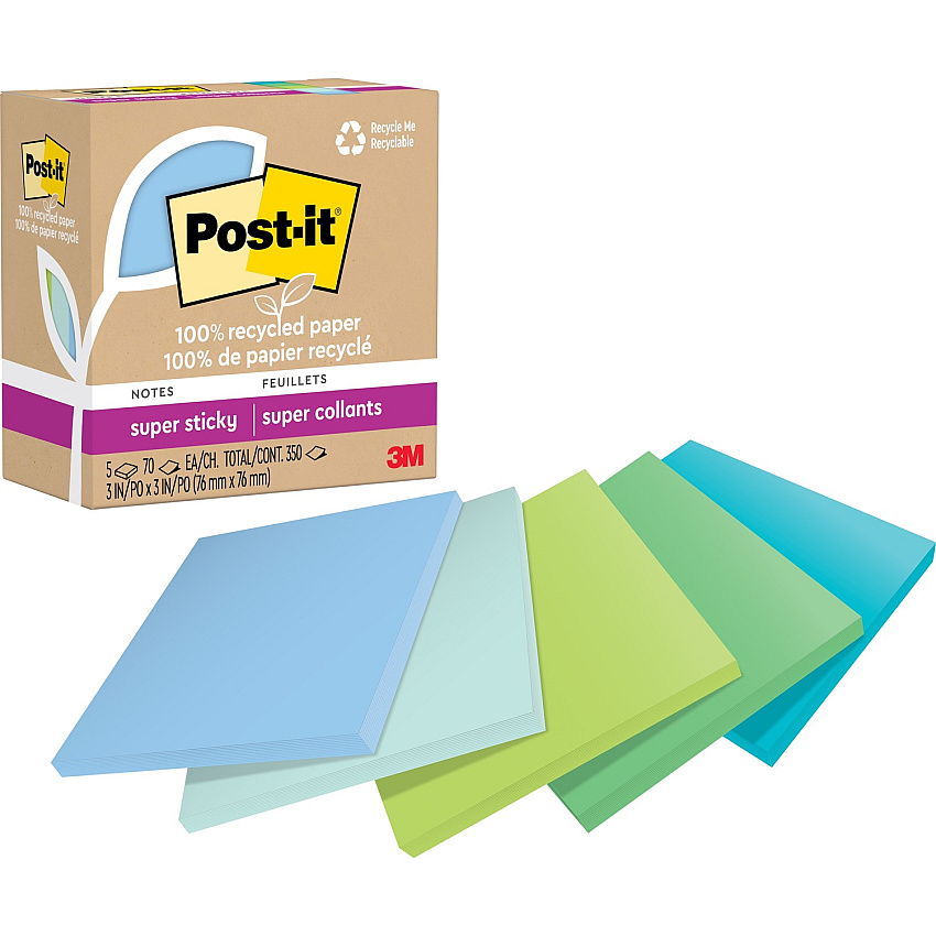 Post-it&reg; Super Sticky Adhesive Note 350 - 3" Flag/Note Width x 3" Flag/Note Length - Square - 70 Sheets per Pad - Assorted Oasis - Removable, Repositionable, Recyclable - Recycled - 5 / Pack (654R5SST)