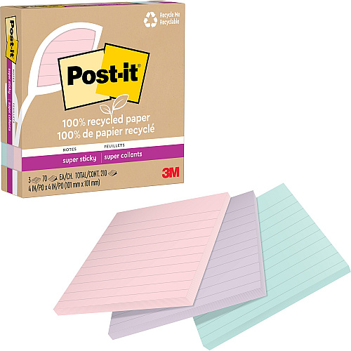 Post-it&reg; Super Sticky Adhesive Note 210 - 4" Flag/Note Width x 4" Flag/Note Length - Square - 70 Sheets per Pad - Assorted Wanderlust Pastel - Removable, Repositionable, Recyclable - Recycled - 3 / Pack (675R3SSNRP)