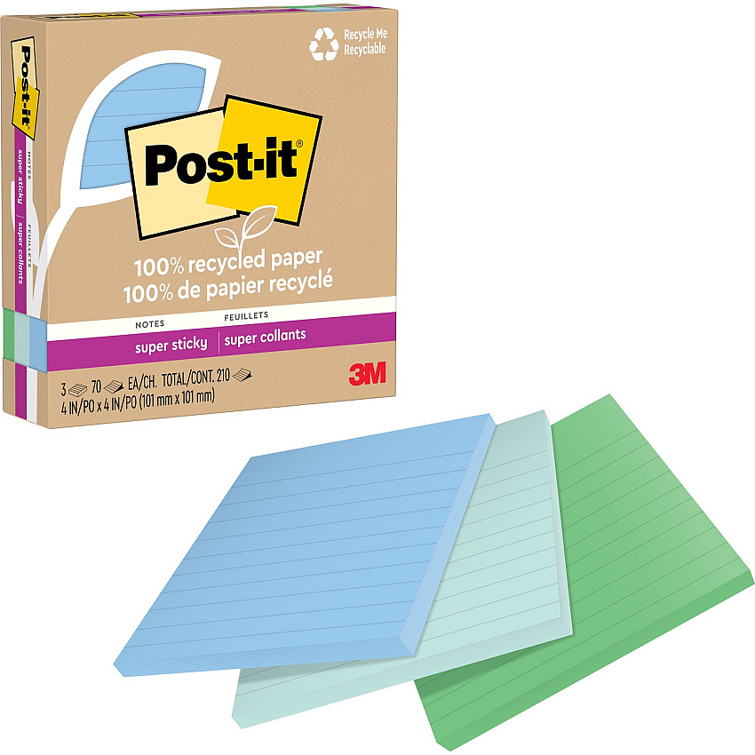 Post-it&reg; Super Sticky Adhesive Note 210 - 4" Flag/Note Width x 4" Flag/Note Length - Square - 70 Sheets per Pad - Ruled - Assorted Oasis - Removable, Repositionable, Recyclable - Recycled - 3 / Pack (675R3SST)