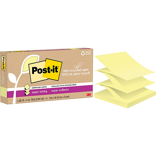 Post-it&reg; Super Sticky Adhesive Note 420 x Canary Yellow - 3" Flag/Note Width x 3" Flag/Note Length - Square - 70 Sheets per Pad - Canary Yellow - Removable, Repositionable, Recyclable, Pop-up - Recycled - 6 / Pack (R330R6SSCY)