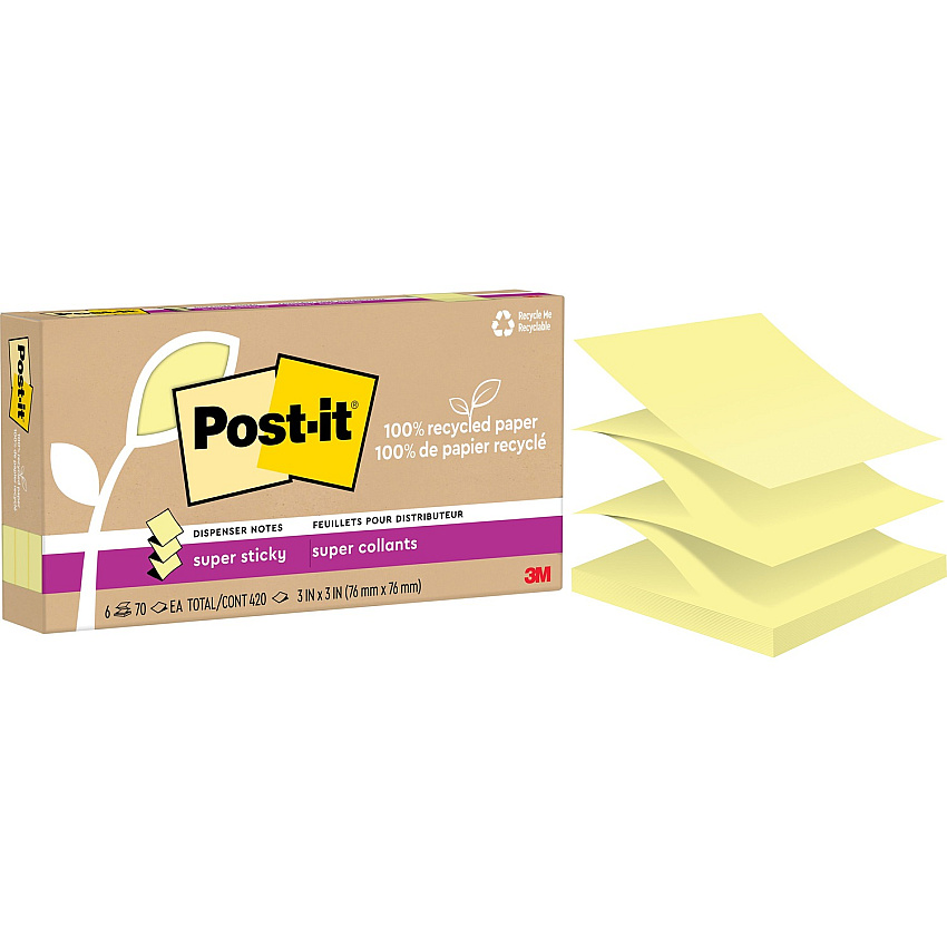 Post-it&reg; Super Sticky Adhesive Note 420 x Canary Yellow - 3" Flag/Note Width x 3" Flag/Note Length - Square - 70 Sheets per Pad - Canary Yellow - Removable, Repositionable, Recyclable, Pop-up - Recycled - 6 / Pack (R330R6SSCY)