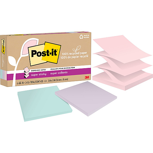 Post-it&reg; Super Sticky Adhesive Note 420 - 3" Flag/Note Width x 3" Flag/Note Length - 70 Sheets per Pad - Assorted Wanderlust Pastel - Removable, Repositionable, Recyclable, Pop-up - Recycled - 6 / Pack (R330R6SSNRP)