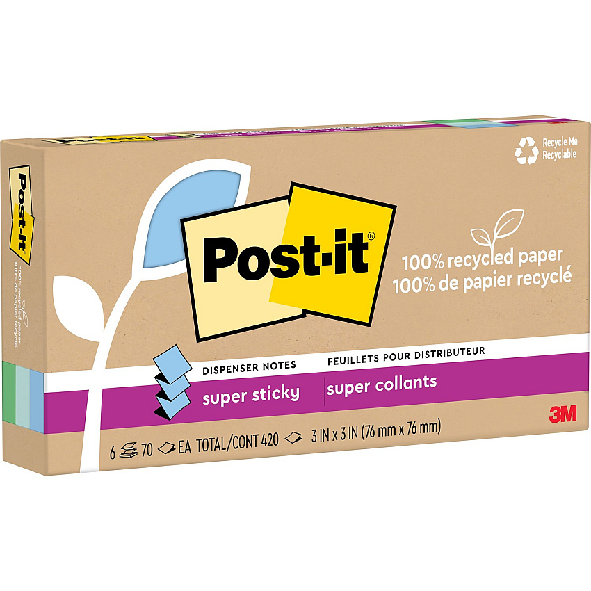 Post-it&reg; Super Sticky Adhesive Note 420 - 3" Flag/Note Width x 3" Flag/Note Length - Square - 70 Sheets per Pad - Assorted Oasis - Removable, Repositionable, Recyclable, Pop-up - Recycled - 6 / Pack (R330R6SST)