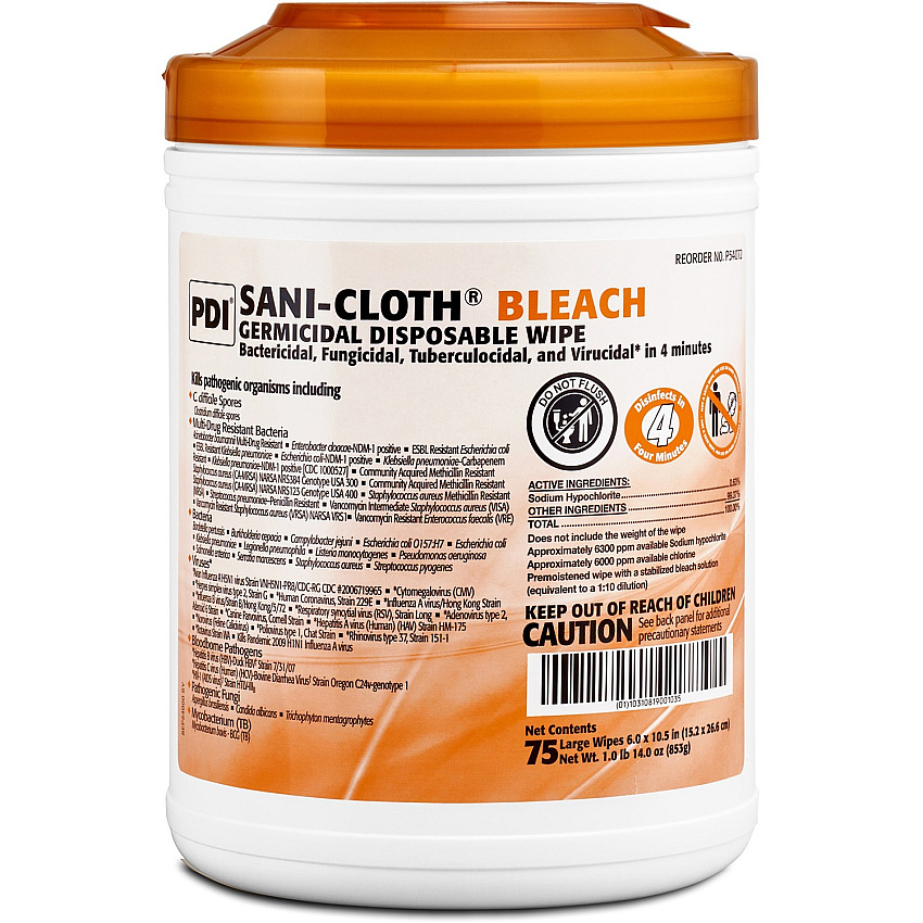 PDI Sani-Cloth Bleach Germicidal Wipes 10.50" Length x 6" Width - Disposable, Presaturated, Pre-moistened, Fungicide - White - 75/Tub - 1 Each (P54072)