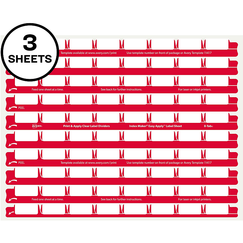 Avery&reg; 8 Tab Easy Print & Apply Clear Label Sheet Refills Inkjet, Laser - Clear - Plastic - 3 Total Sheets - 30/Pack - 240 / Pack (11226)
