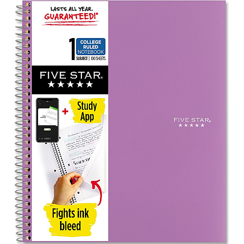 Acco Five Star Wirebound Notebook 1 Subject(s) - 100 Pages - Wire Bound - College Ruled Front Ruling - Letter - 8 1/2" x 11" Sheet Size - Purple Cover - Double Sided Sheet, Durable, Water Resistant, Wear Resistant, Tear Proof, Spill Resistant, (820002CF1)