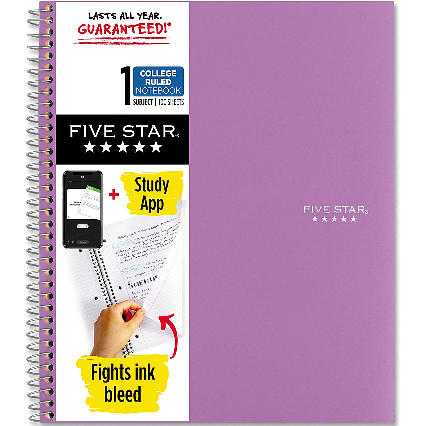 Acco Five Star Wirebound Notebook 1 Subject(s) - 100 Pages - Wire Bound - College Ruled Front Ruling - Letter - 8 1/2" x 11" Sheet Size - Purple Cover - Double Sided Sheet, Durable, Water Resistant, Wear Resistant, Tear Proof, Spill Resistant, (820002CF1)