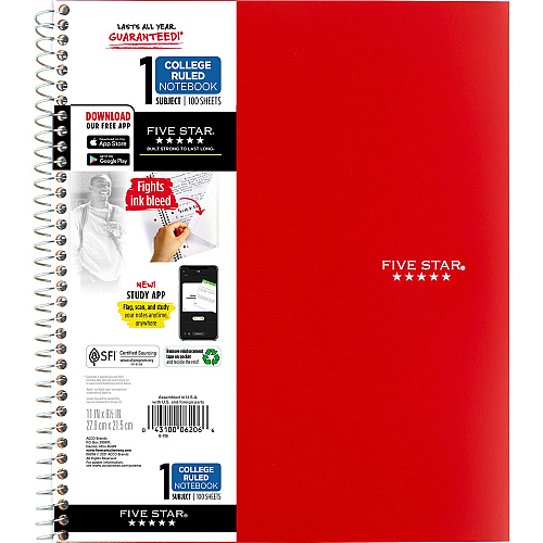 Acco Five Star Wirebound Notebook 1 Subject(s) - 100 Pages - Wire Bound - College Ruled Front Ruling - Letter - 8 1/2" x 11" Sheet Size - Red Cover - Double Sided Sheet, Durable, Water Resistant, Wear Resistant, Tear Proof, Spill Resistant, Po (820002CK1)
