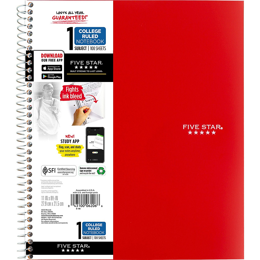 Acco Five Star Wirebound Notebook 1 Subject(s) - 100 Pages - Wire Bound - College Ruled Front Ruling - Letter - 8 1/2" x 11" Sheet Size - Red Cover - Double Sided Sheet, Durable, Water Resistant, Wear Resistant, Tear Proof, Spill Resistant, Po (820002CK1)