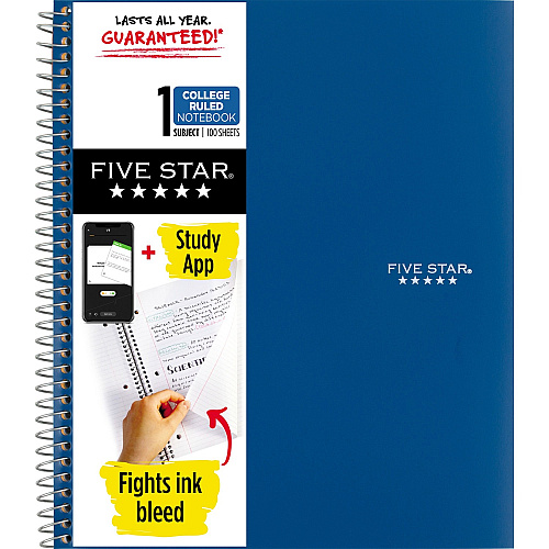 Acco Five Star Wirebound Notebook 1 Subject(s) - 100 Pages - Wire Bound - College Ruled Front Ruling - Letter - 8 1/2" x 11" Sheet Size - Blue Cover - Double Sided Sheet, Durable, Water Resistant, Wear Resistant, Tear Proof, Spill Resistant, P (820002NH0)