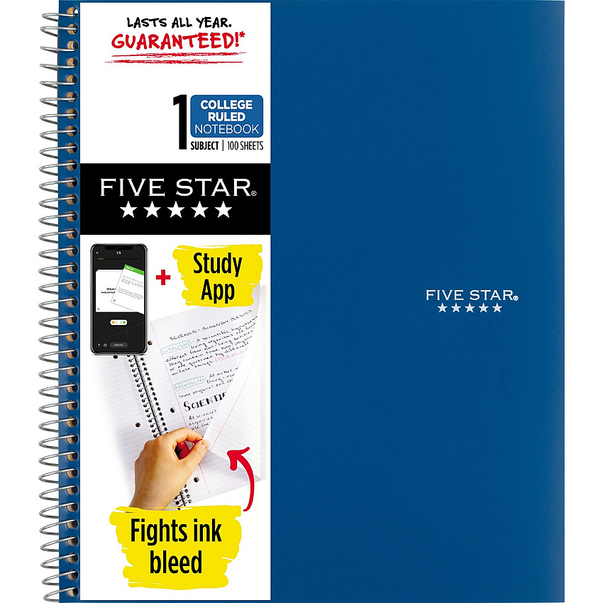Acco Five Star Wirebound Notebook 1 Subject(s) - 100 Pages - Wire Bound - College Ruled Front Ruling - Letter - 8 1/2" x 11" Sheet Size - Blue Cover - Double Sided Sheet, Durable, Water Resistant, Wear Resistant, Tear Proof, Spill Resistant, P (820002NH0)