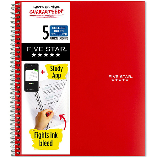 Acco Five Star Wirebound Notebook 5 Subject(s) - 200 Pages - Wire Bound - College Ruled Front Ruling - Letter - 8 1/2" x 11" Sheet Size - Red Cover - Double Sided Sheet, Durable, Water Resistant, Wear Resistant, Tear Proof, Spill Resistant, Po (820004CK1)