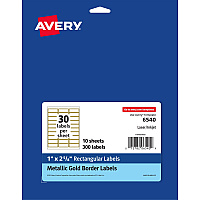 Avery&reg; Permanent Address Labels 1" Width x 2 5/8" Length - Permanent Adhesive - Rectangle - Inkjet, Laser - Matte - White - Metallic Gold Border - Paper - Permanent Adhesive, Curl Resistant, Stick & Stay, Pop Up Edge, Tear Proof, Pre-printed, E (6540)
