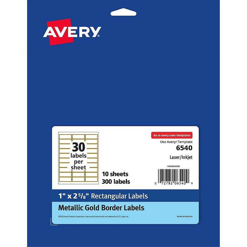 Avery&reg; Permanent Address Labels 1" Width x 2 5/8" Length - Permanent Adhesive - Rectangle - Inkjet, Laser - Matte - White - Metallic Gold Border - Paper - Permanent Adhesive, Curl Resistant, Stick & Stay, Pop Up Edge, Tear Proof, Pre-printed, E (6540)