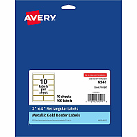 Avery&reg; Labels with Metallic Gold Borders, 2" x 4" , 100 2" Width x 4" Length - Permanent Adhesive - Rectangle - Inkjet, Laser - Matte - White - Metallic Gold Border - Paper - Peel-off, Curl Resistant, Stick & Stay, Pop Up Edge, Tear Proof, Long (6541)