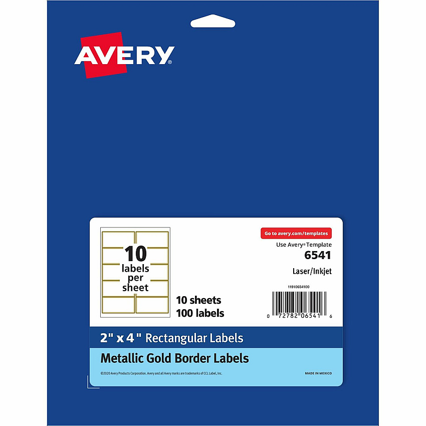 Avery&reg; Labels with Metallic Gold Borders, 2" x 4" , 100 2" Width x 4" Length - Permanent Adhesive - Rectangle - Inkjet, Laser - Matte - White - Metallic Gold Border - Paper - Peel-off, Curl Resistant, Stick & Stay, Pop Up Edge, Tear Proof, Long (6541)