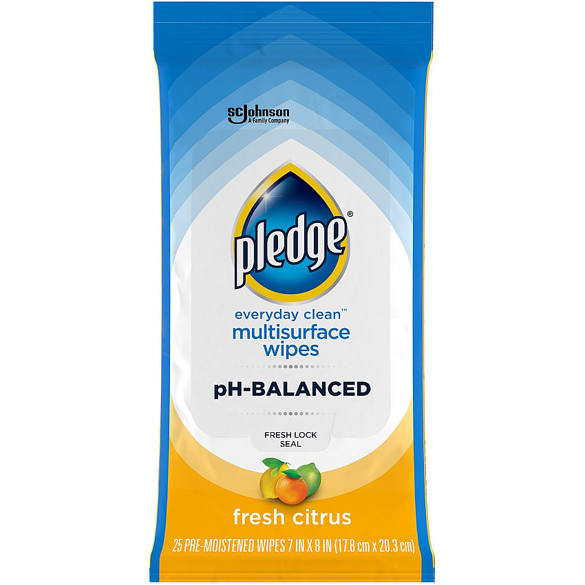 Pledge PH Balanced Multisurface Cleaner Wipes For Multi Surface - Fresh Citrus Scent - pH Balanced - Blue - 25/Packet - 12 / Carton (336274CT)