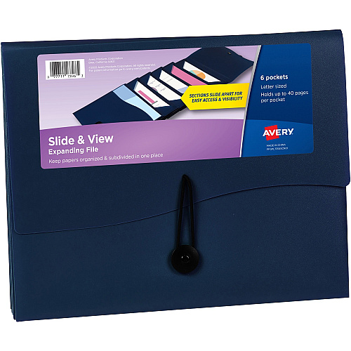Avery&reg; Slide & View Letter Organizer Folder 8 1/2" x 11" - 40 Sheets Capacity - 6 Pocket(s) - Plastic, Poly - Navy - 1 Each (73545)
