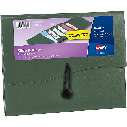 Avery&reg; Slide & View Letter Organizer Folder 8 1/2" x 11" - 40 Sheets Capacity - 6 Pocket(s) - Plastic, Poly, Polypropylene - Sage - 1 Each (73546)
