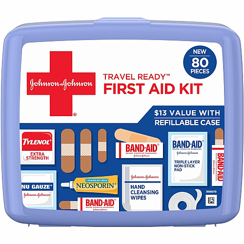 Johnson & Johnson Travel Ready First Aid Kit 80 x Piece(s) - 5.5" Height x 6.3" Width x 1.7" Depth - Plastic Case - Blue - 1 Each (202068)