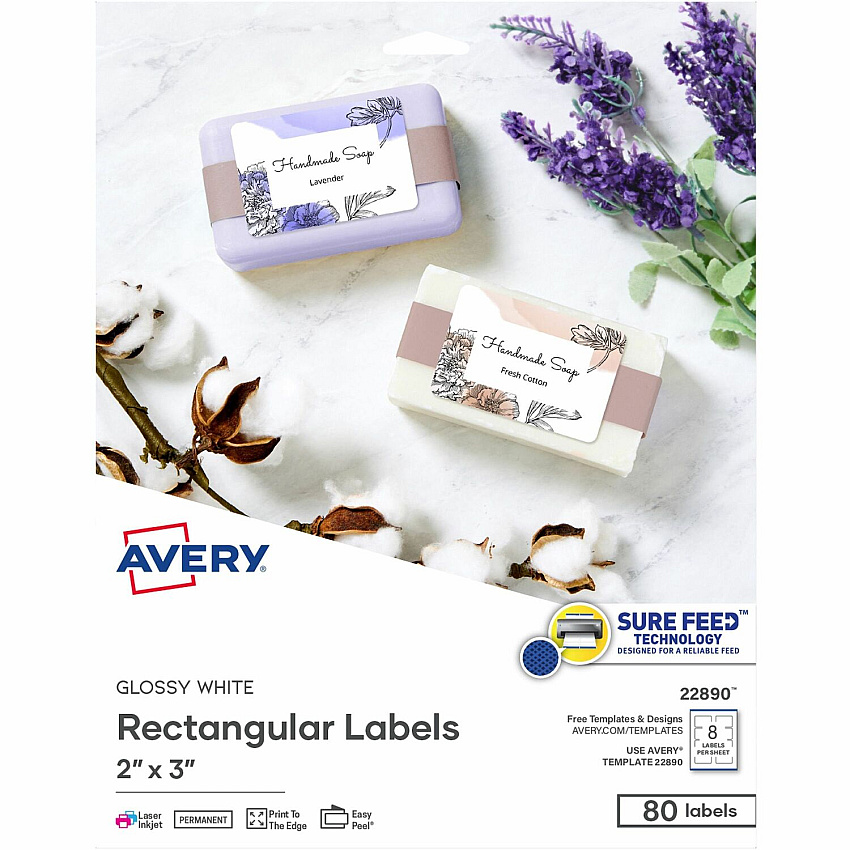 Avery&reg; Glossy White Labels, 2" x 3" , 80 Labels 2" Height x 3" Width - Permanent Adhesive - Rectangle - Gloss White - Jam-free, Stick & Stay, Smudge Proof, Foldable - 8 / Sheet - 80 / Pack (22890)