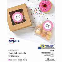 Avery&reg; Glossy White Labels, 3" Round, 60 Labels 3" Diameter - Permanent Adhesive - Round - Gloss White - Jam-free, Stick & Stay, Smudge Proof, Foldable - 6 / Sheet - 60 / Pack (22891)