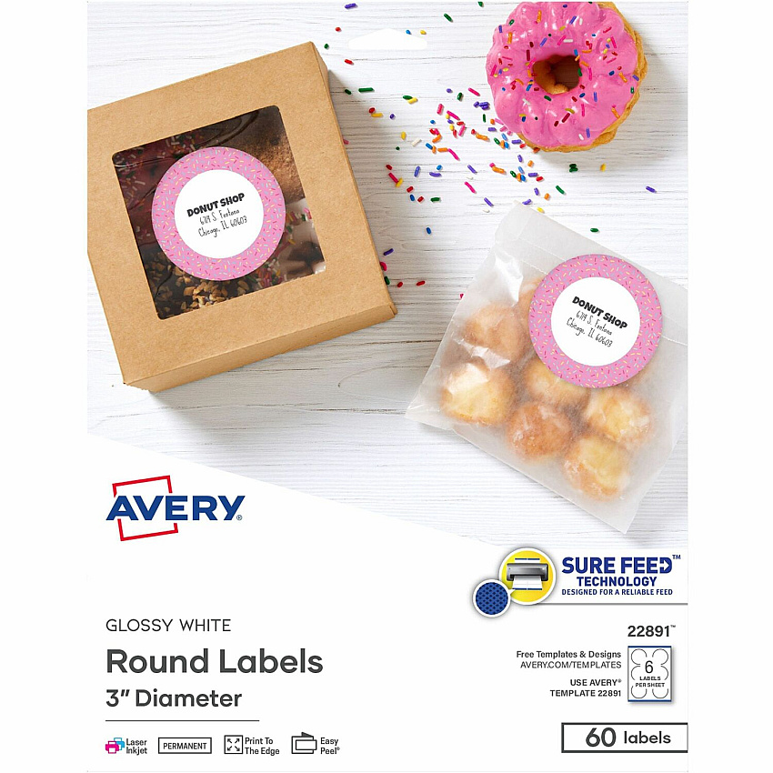 Avery&reg; Glossy White Labels, 3" Round, 60 Labels 3" Diameter - Permanent Adhesive - Round - Gloss White - Jam-free, Stick & Stay, Smudge Proof, Foldable - 6 / Sheet - 60 / Pack (22891)