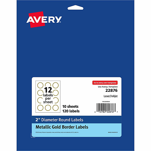 Avery&reg; Easy Peel Round Labels 2" Diameter - Permanent Adhesive - Round - Inkjet, Laser - White, Metallic Gold - Paper - Peel-off, Curl Resistant, Stick & Stay, Pop Up Edge, Tear Proof - 12 / Sheet - 120 / Pack (22876)