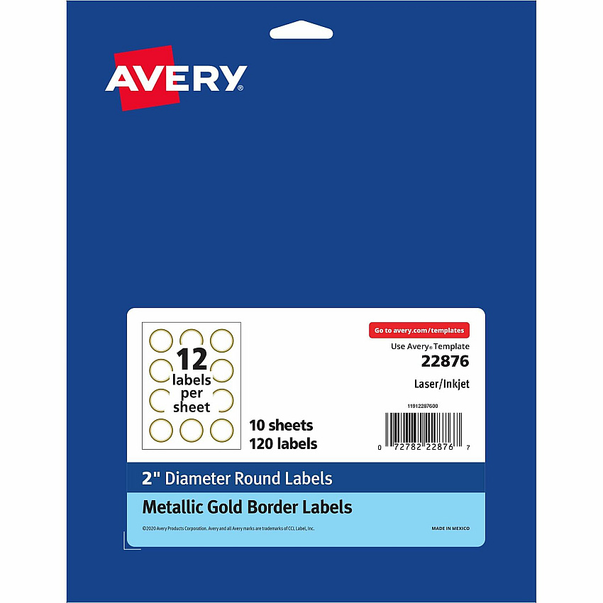 Avery&reg; Easy Peel Round Labels 2" Diameter - Permanent Adhesive - Round - Inkjet, Laser - White, Metallic Gold - Paper - Peel-off, Curl Resistant, Stick & Stay, Pop Up Edge, Tear Proof - 12 / Sheet - 120 / Pack (22876)
