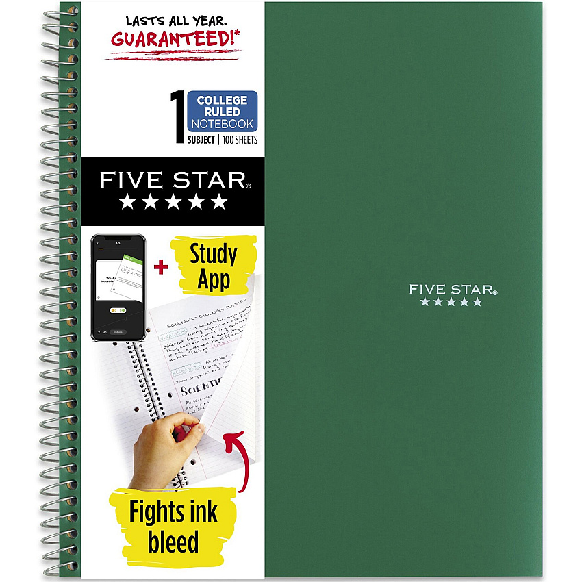 Acco Five Star Wirebound Notebook 1 Subject(s) - 100 Sheets - 100 Pages - Wire Bound - Letter - 8 1/2" x 11" Sheet Size - Forest Green Plastic Cover - Double Sided Sheet, Bleed Resistant, Perforated, Storage Pocket, Water Resistant, Spiral Loc (820002CE1)