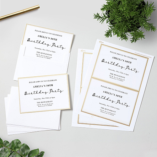 Avery&reg; Invitation Cards with Metallic Gold Borders 5" Width x 7" Length - Rectangle - Inkjet, Laser - Matte - White - Gold Border - Paper - Chlorine-free, Perforated, PVC-free - 15 / Sheet - 2 Total Sheets - 30 / Pack (3325)