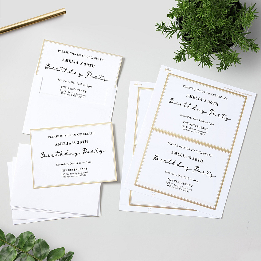 Avery&reg; Invitation Cards with Metallic Gold Borders 5" Width x 7" Length - Rectangle - Inkjet, Laser - Matte - White - Gold Border - Paper - Chlorine-free, Perforated, PVC-free - 15 / Sheet - 2 Total Sheets - 30 / Pack (3325)