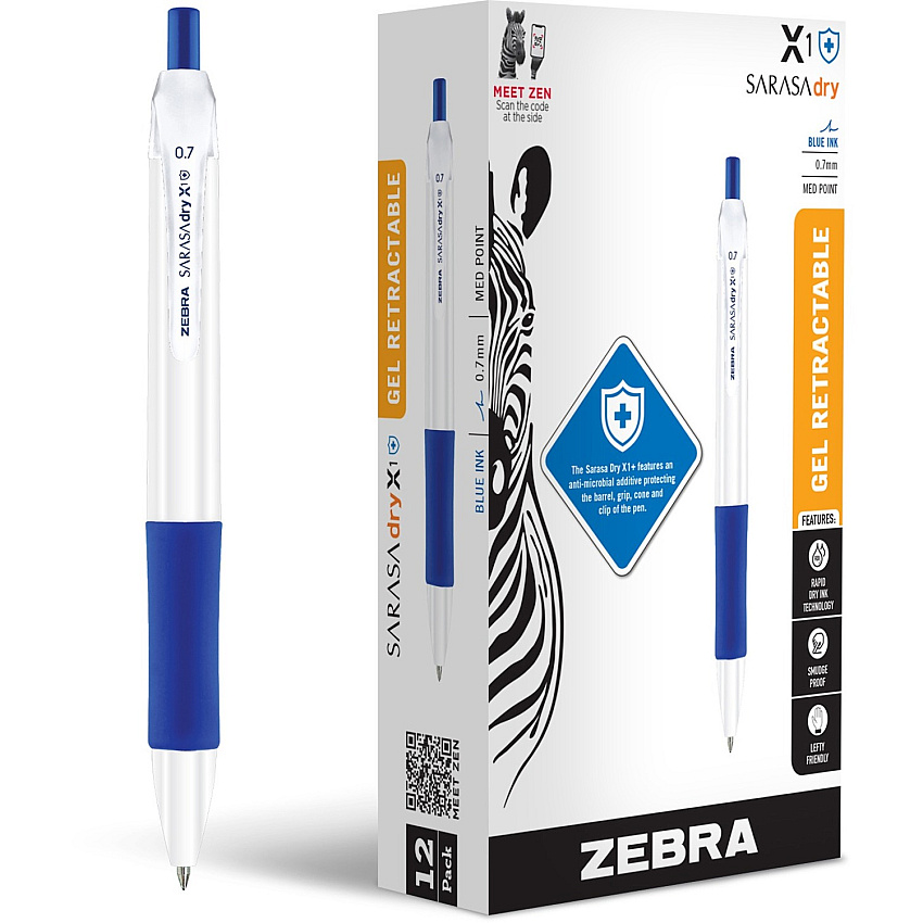 Zebra Pen SARASA dry X1+ Gel Pen 0.7 mm Medium Pen Point - Refillable - Retractable - Blue Ink - Plastic Barrel - 1 Dozen (41520)