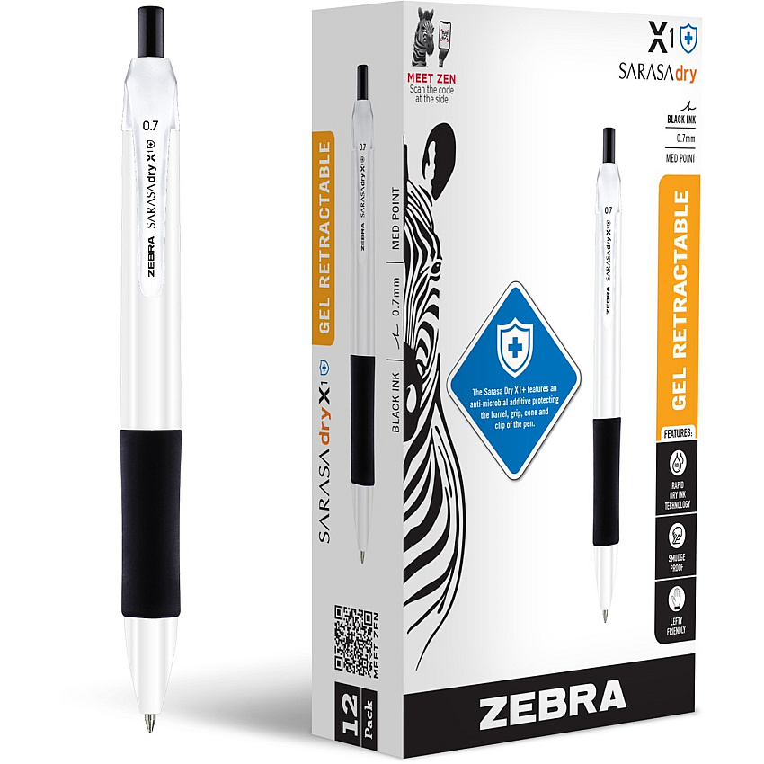 Zebra Pen SARASA dry X1+ Gel Pen 0.7 mm Medium Pen Point - Refillable - Retractable - Black Ink - Plastic Barrel - 1 Dozen (41510)