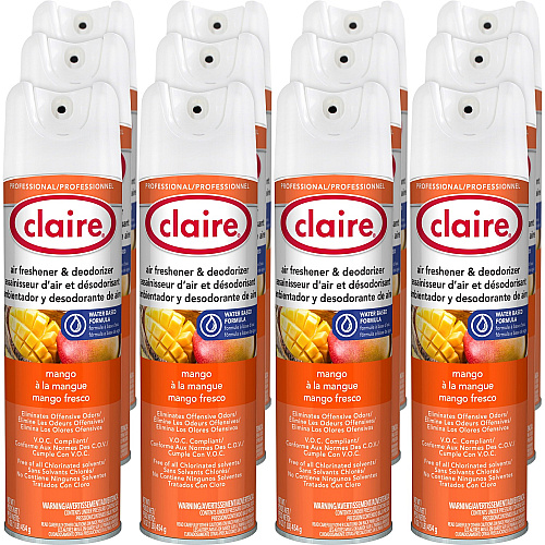 Claire Water-Based Air Freshener Spray - 16 oz - Mango - Residue-free, Non-staining, Ozone-safe, Odor Neutralizer, Recyclable - 12 / Carton (CL341)