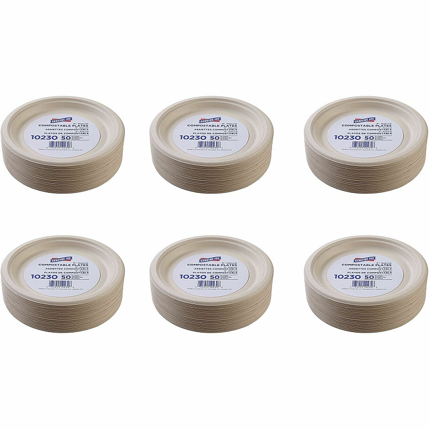Genuine Joe 9" Compostable Plates Breakroom, Office - Disposable - 9" Diameter - White, Natural - Sugarcane Body - 50/Pack - 10 / Carton (GJO10230CT)