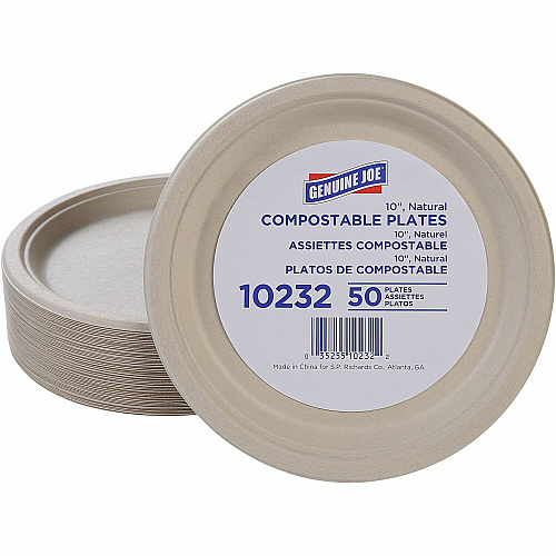 Genuine Joe 10" Compostable Plates Breakroom, Office - Disposable - 10" Diameter - White, Natural - Sugarcane Body - 50 / Pack (GJO10232)
