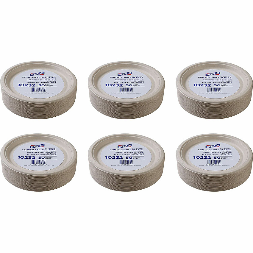 Genuine Joe 10" Compostable Plates Breakroom, Office - Disposable - 10" Diameter - White, Natural - Sugarcane Body - 50/Pack - 10 / Carton (GJO10232CT)