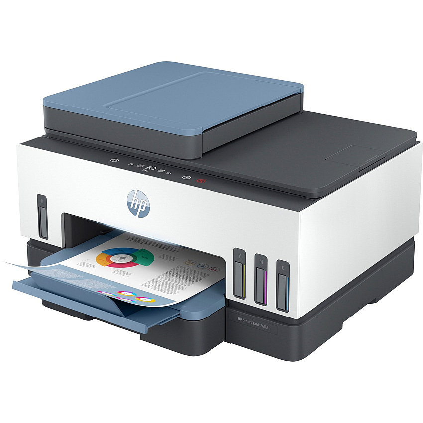HP Smart Tank 7602 Wireless Inkjet Multifunction Printer - Color - White Copier/Fax/Printer/Scanner - 4800 x 1200 dpi Print - Automatic Duplex Print - Up to 6000 Pages Monthly - Color Flatbed Scanner - 1200 dpi Optical Scan - Color Fax - Gigabit  (28B98A)